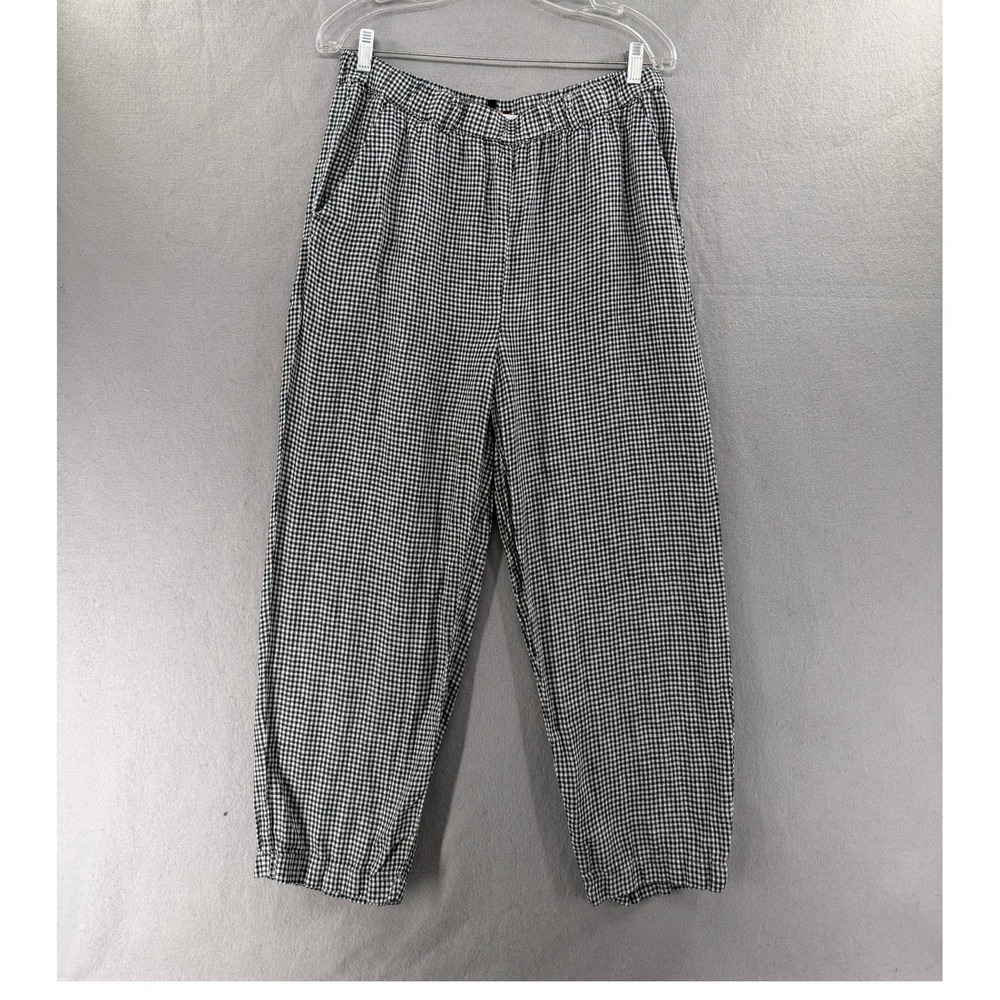 Quince Pants Womens L Black White 100% European Linen Mini Gingham Chic Coastal